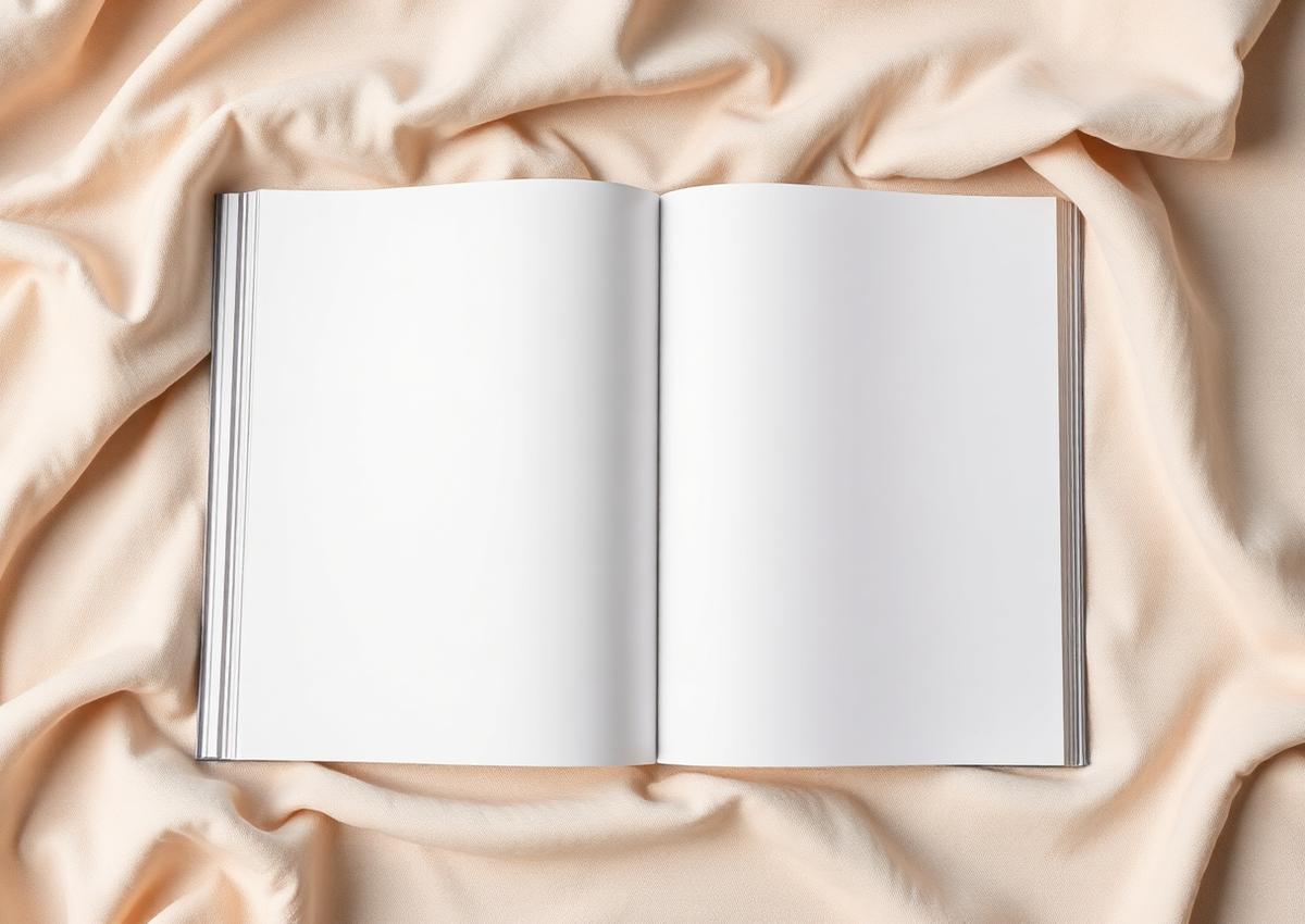 Open blank editorial spread on soft fabric