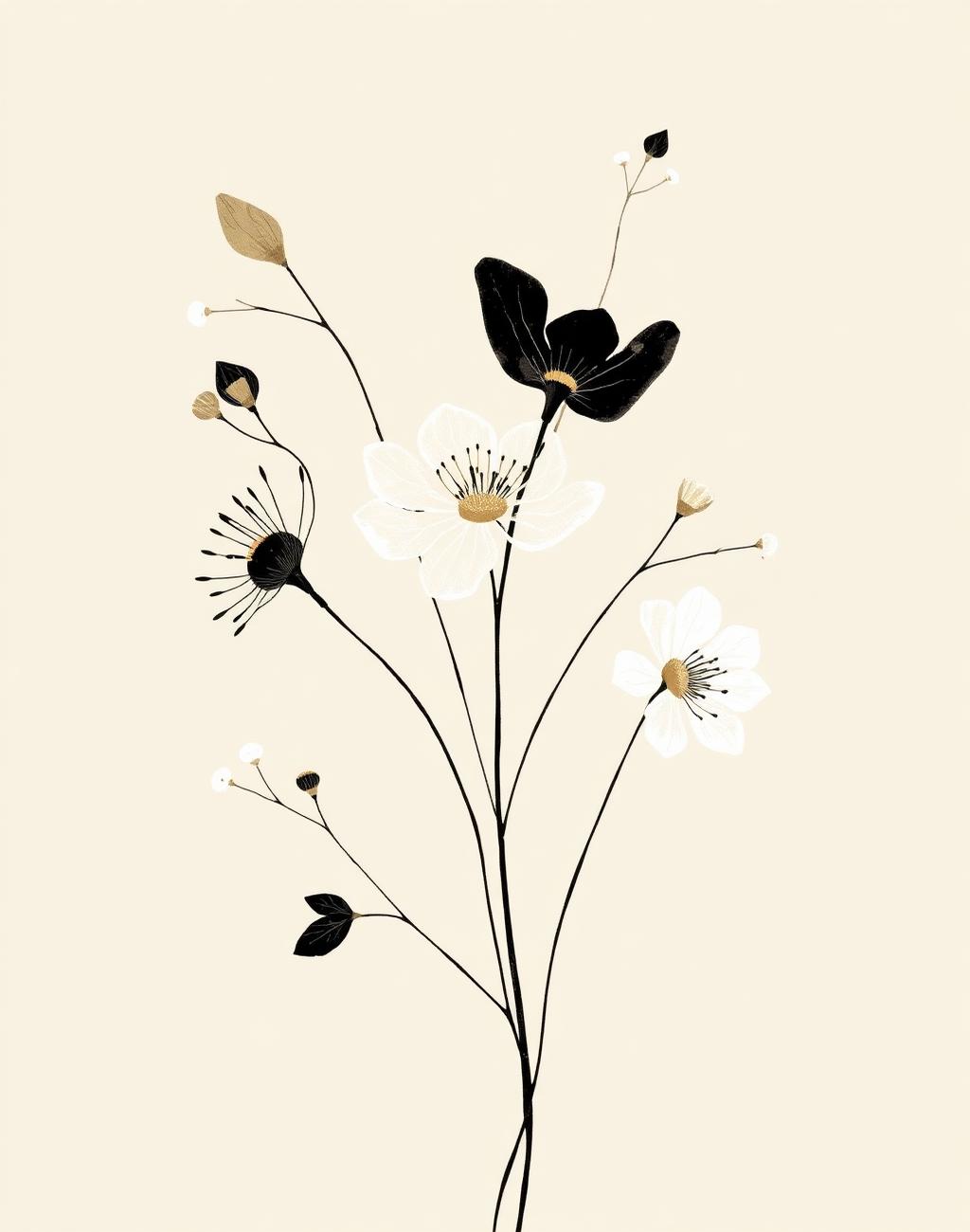 Editorial floral illustration in ink and gold
